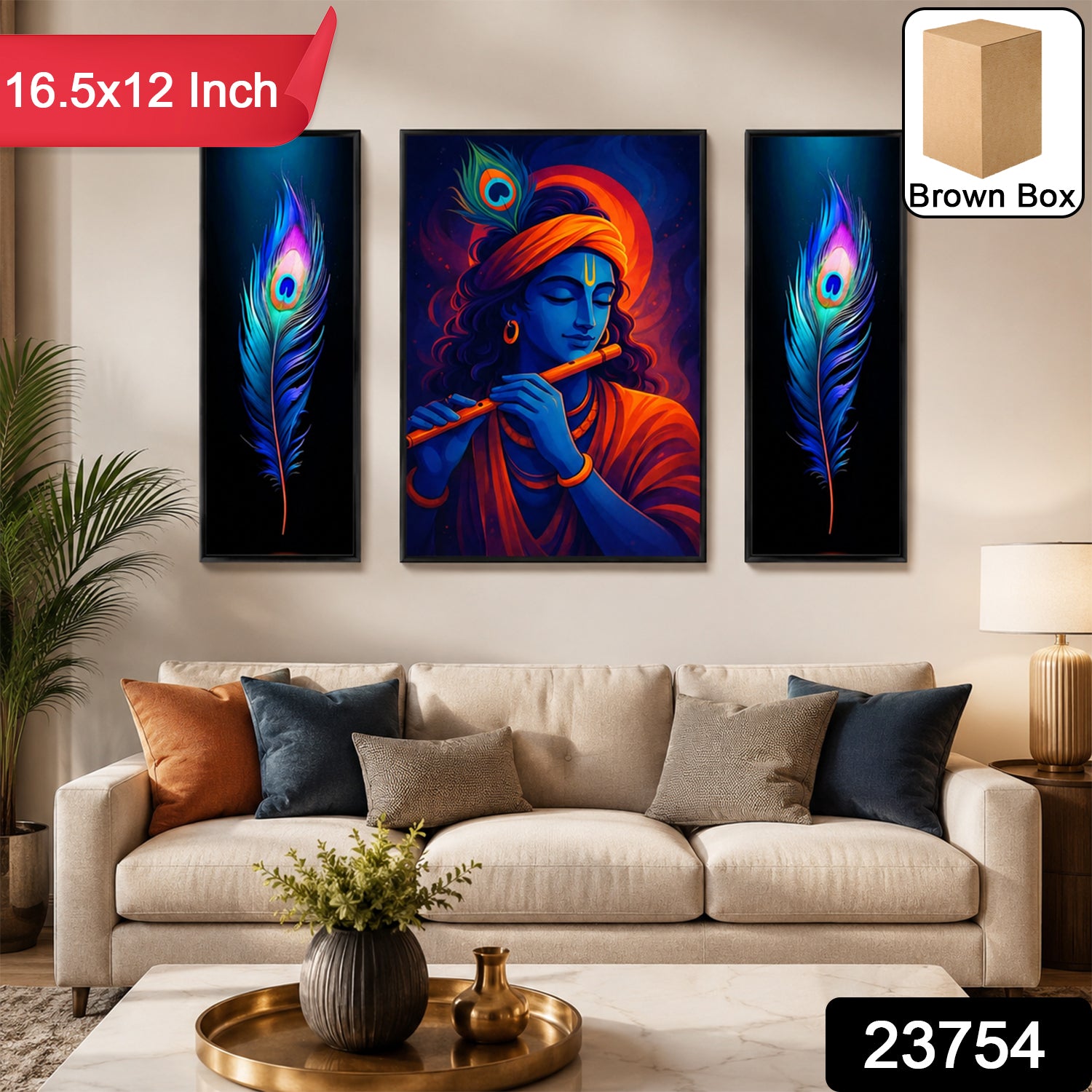 Krishna 3 Panel Mdf Wall Frame Wall Art Painting 16.5x12in (1 Pc)