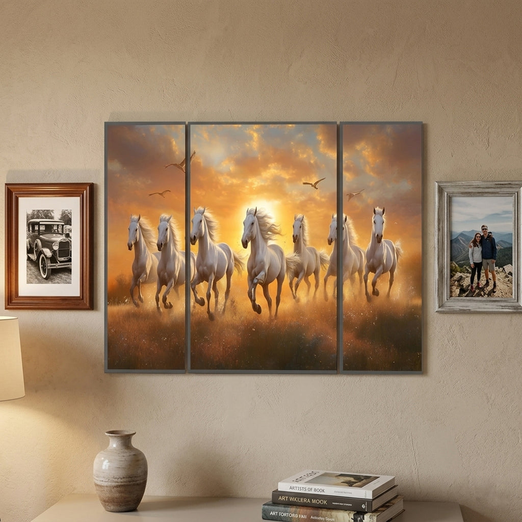Horses Sunset 3 Panel Mdf Wall Frame Wall Art Painting 16.5x12in (1 Pc)