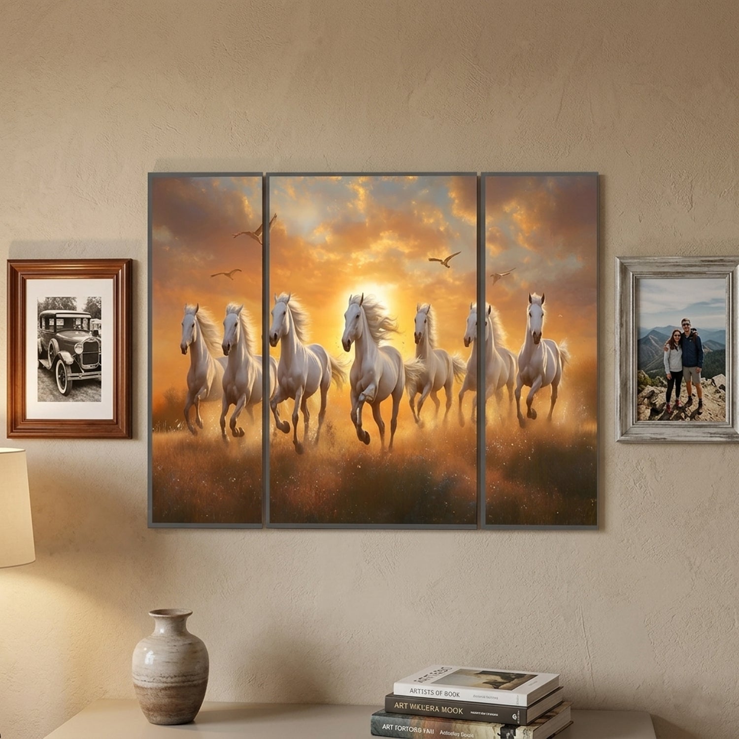 Horses Sunset 3 Panel Mdf Wall Frame Wall Art Painting 16.5x12in (1 Pc)