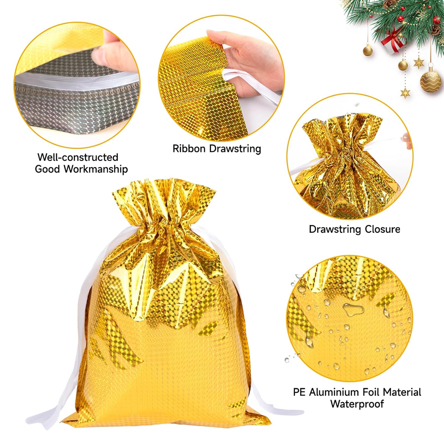 Big Size Geletin Shiny foil Paper Drawstring stylish Storage Potli pouches for Christmas Gifting, Small Jewelries, Money, Paper Notes Women Wallet, Gift Bags, return gift, Women handbag Shagun Pouch, Candy Bags (Golden) - Image 1