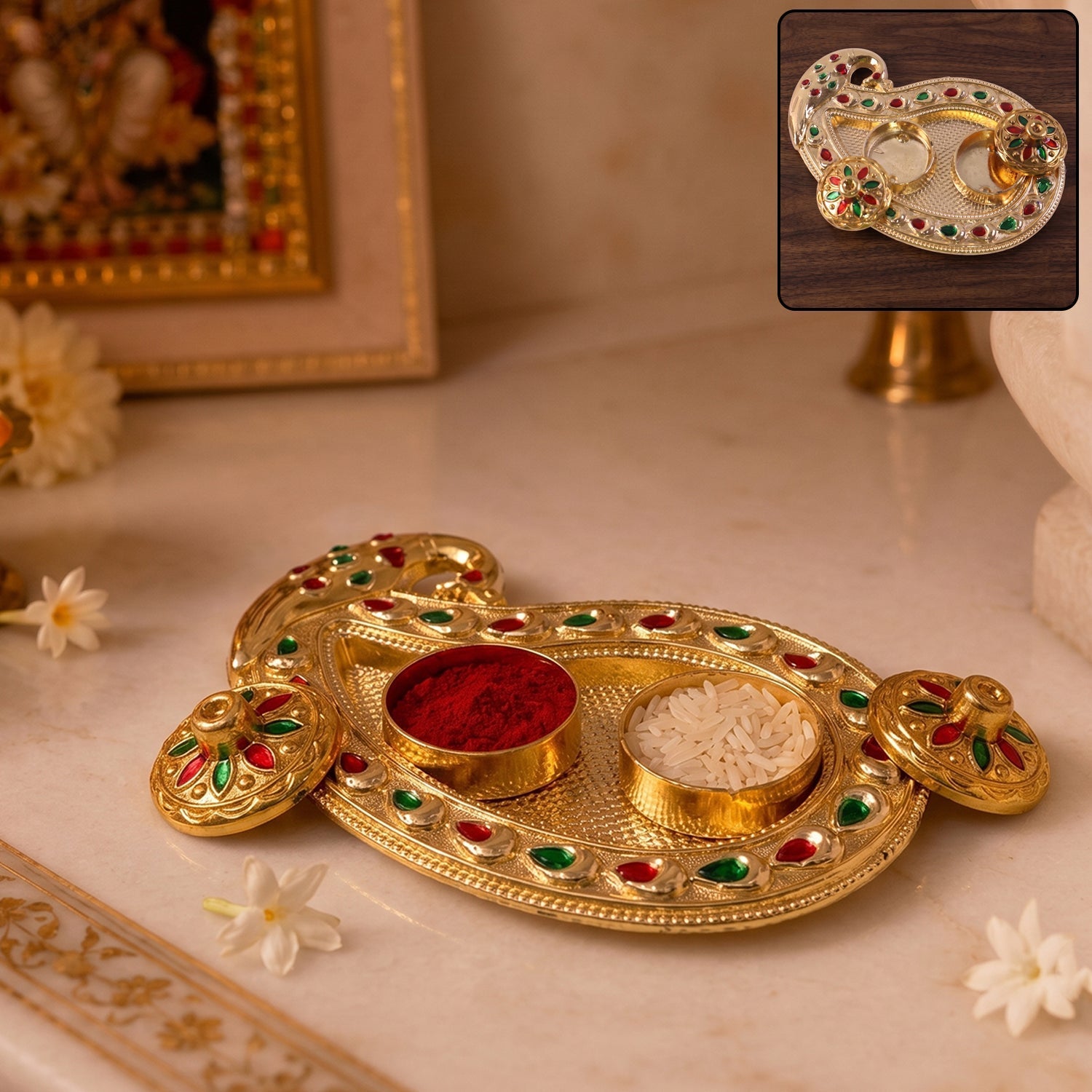 Golden Kumkum Kankavati Holder Decorative Roli Akshat Tika Box For Pooja (1 Pc)