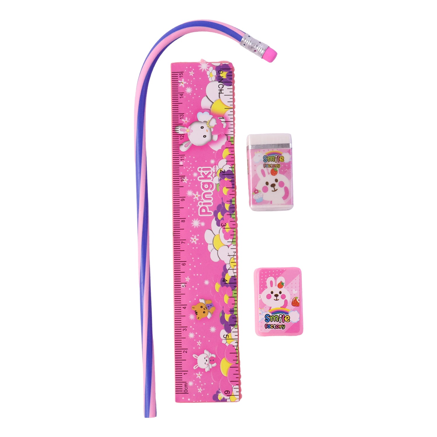 4-in-1 Cute Pink Stationery Set With Ruler Pencil Eraser  Sharpener
