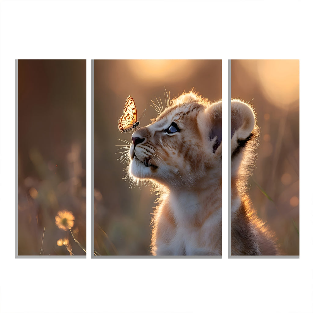 Lion Cub 3 Panel Mdf Wall Frame Wall Art Painting 16.5x12in (1 Pc)