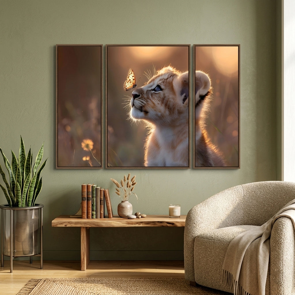 Lion Cub 3 Panel Mdf Wall Frame Wall Art Painting 16.5x12in (1 Pc)