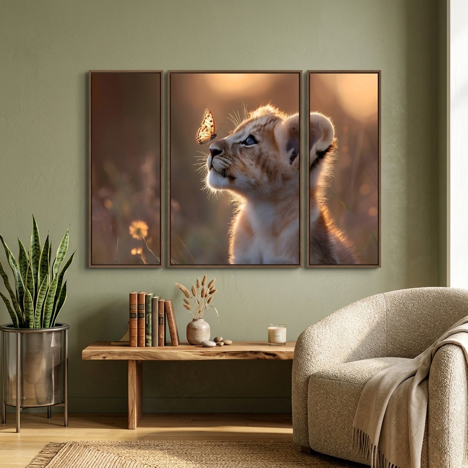 Lion Cub 3 Panel Mdf Wall Frame Wall Art Painting 16.5x12in (1 Pc)