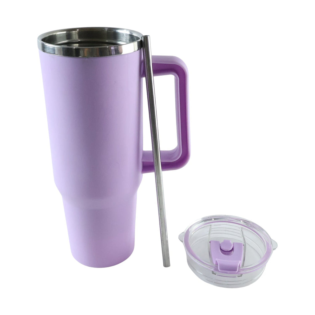 Purple travel tumbler with ergonomic side handle