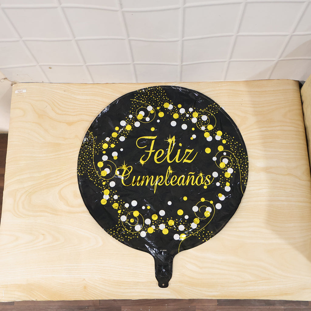 Black Round Feliz Cumpleanos Foil Balloon For Birthday Decor (1 Pc)