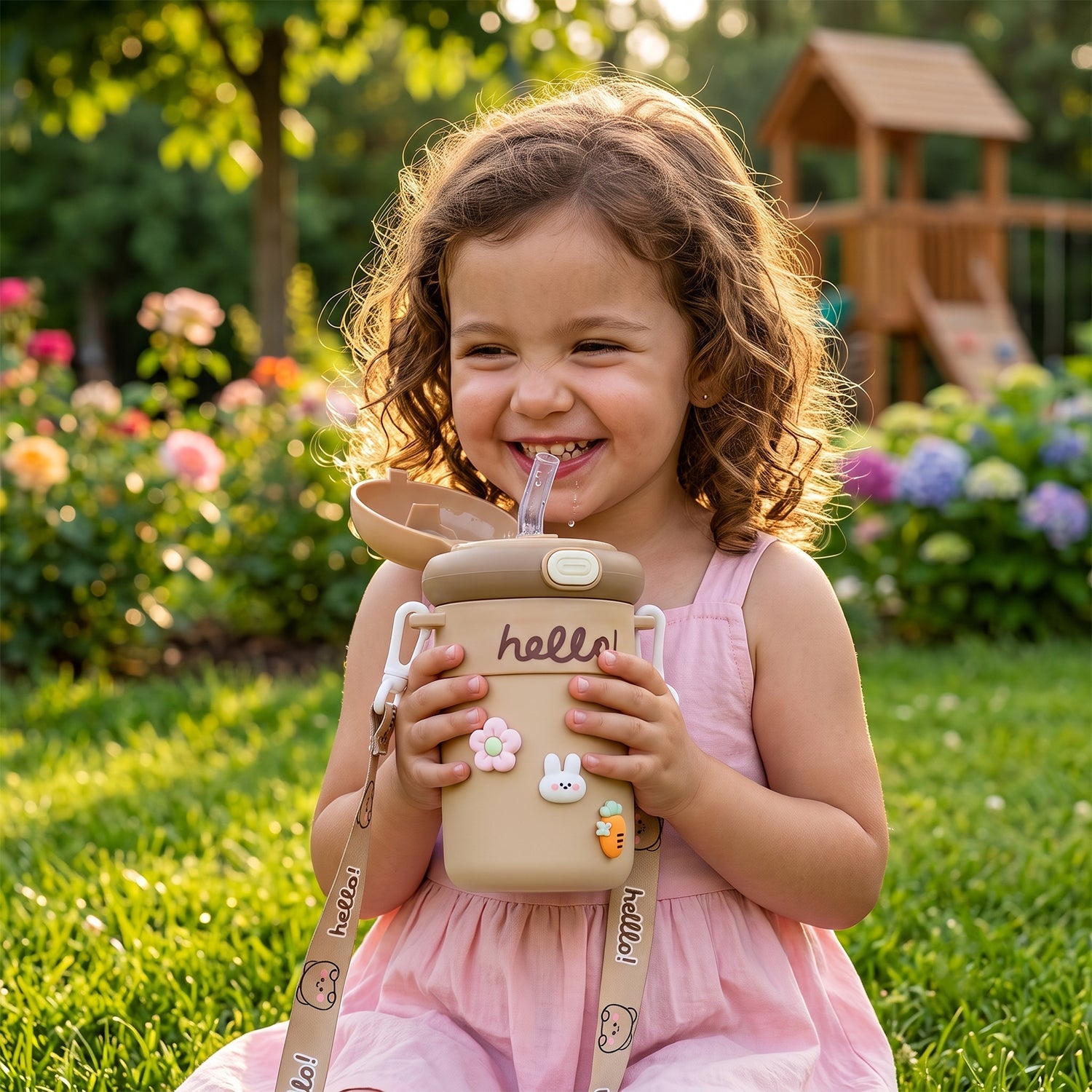 Kids Sipper Water Bottle 450 Ml With Bouncing Straw And Carry Strap (1 Pc)