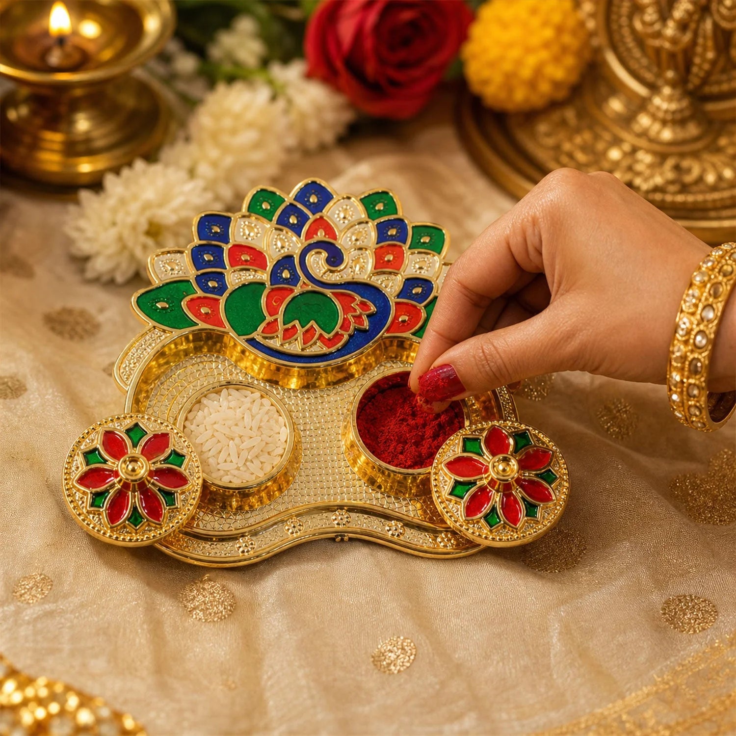 Peacock Shaped Kankavati Kumkum Holder For Puja And Tilak Rituals (1 Pc)