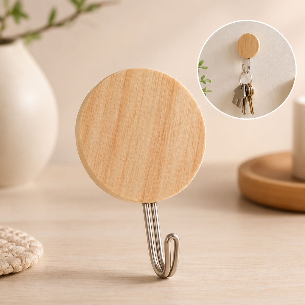 Self Adhesive Wall Hooks Strong Sticky Wooden Look Hanger No Drill (18 Pc)