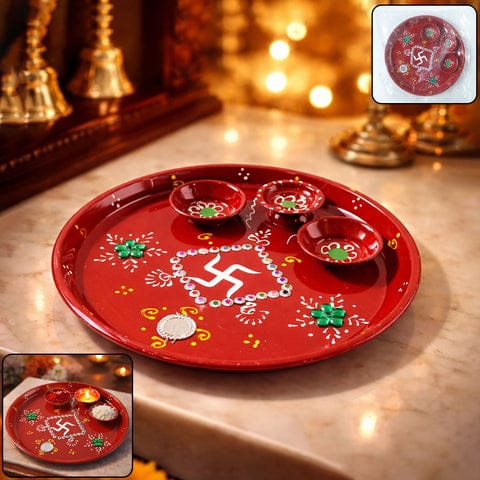 Hand-painted Decorative Pooja Thali With Ganesha Motif And Diyas