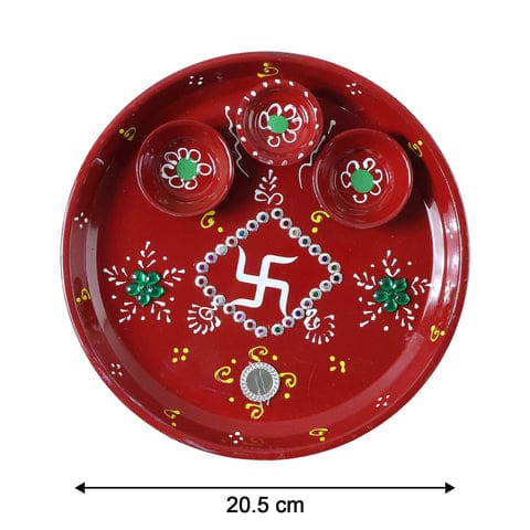 Hand-painted Decorative Pooja Thali With Ganesha Motif And Diyas