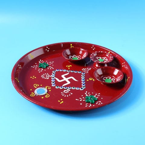 Hand-painted Decorative Pooja Thali With Ganesha Motif And Diyas