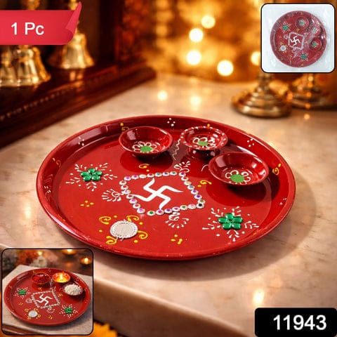 Hand-painted Decorative Pooja Thali With Ganesha Motif And Diyas