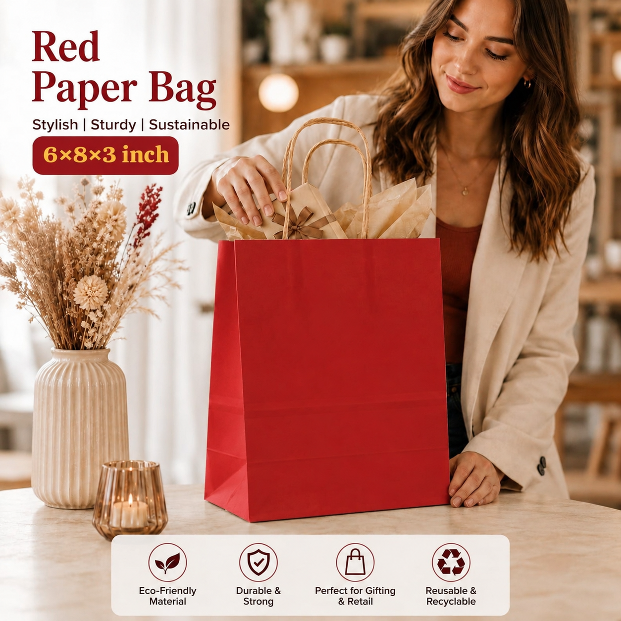 Premium Paper Gift Bag with Handle | Return Gift, Shopping & Packaging Bag | Available in Red, White, Black, Green & Brown - Image 7
