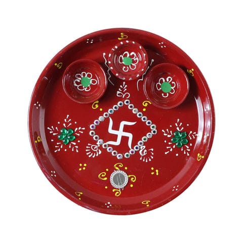 Hand-painted Decorative Pooja Thali With Ganesha Motif And Diyas