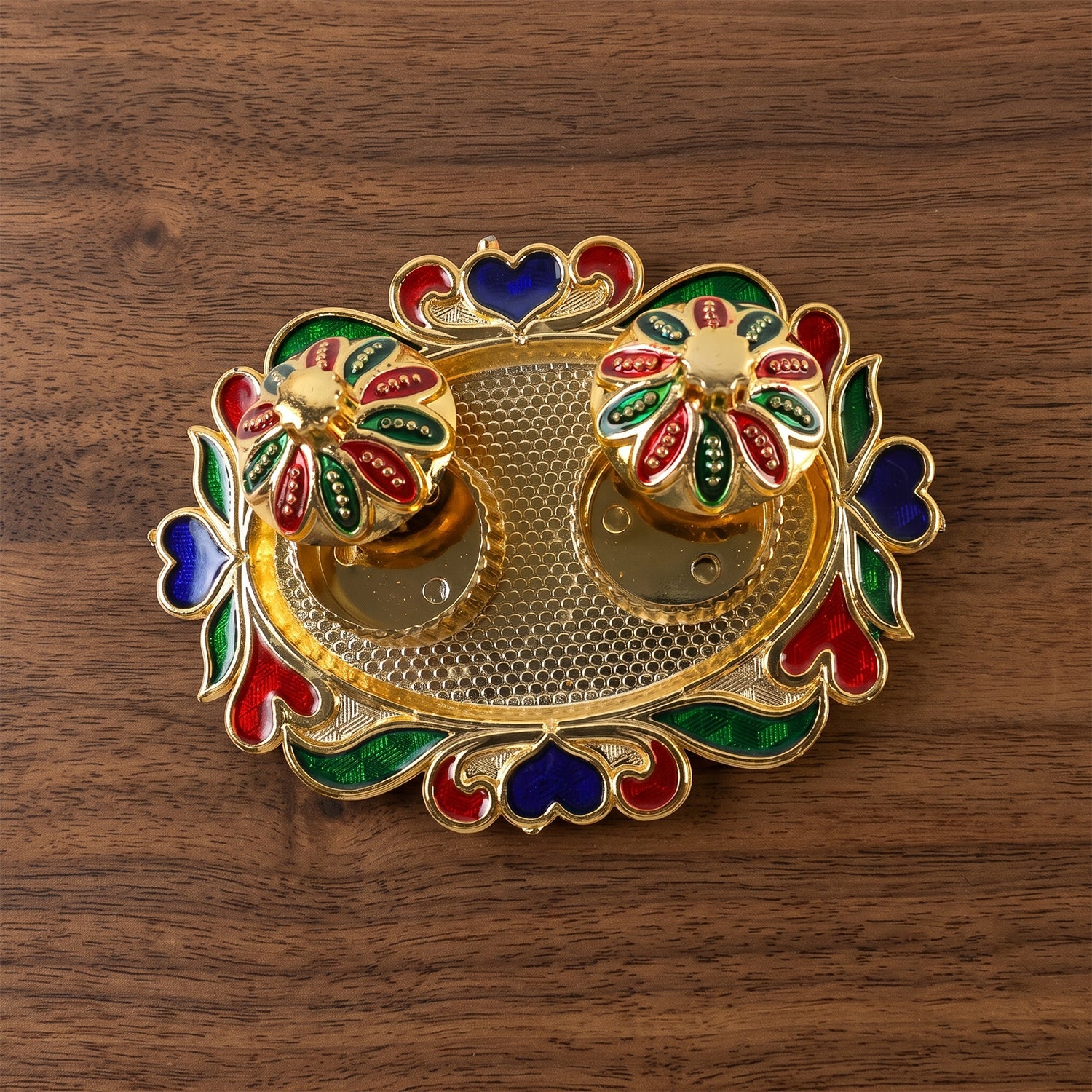 Decorative Kankavati Kumkum Holder Golden Enamel Pooja Thali With Bowls (1 Pc)