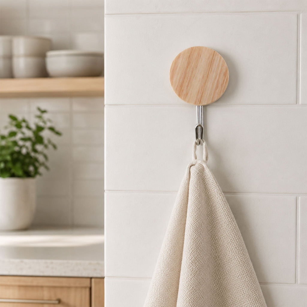 Self Adhesive Wall Hooks Strong Sticky Wooden Look Hanger No Drill (18 Pc)