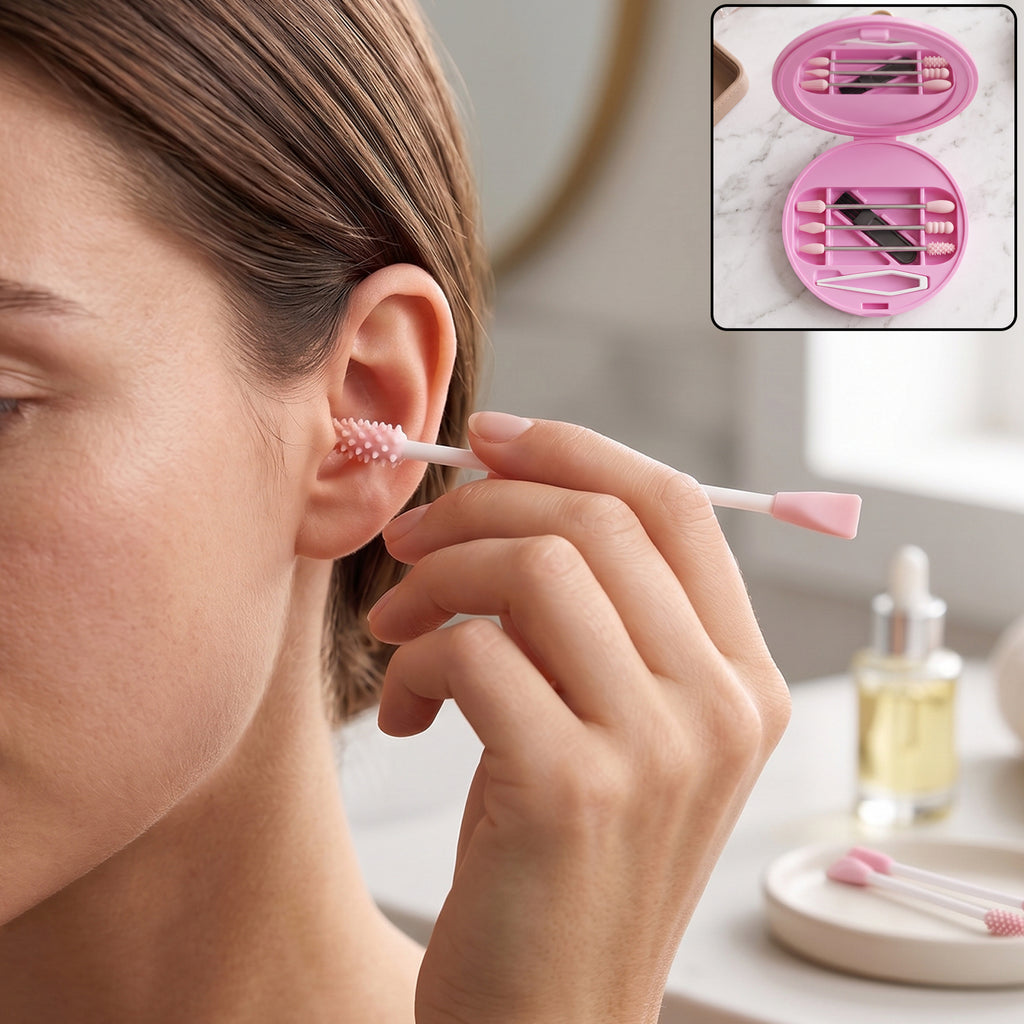 Reusable Silicone Cotton Swab Set With Mirror Case Washable Ear Buds (1 Set)