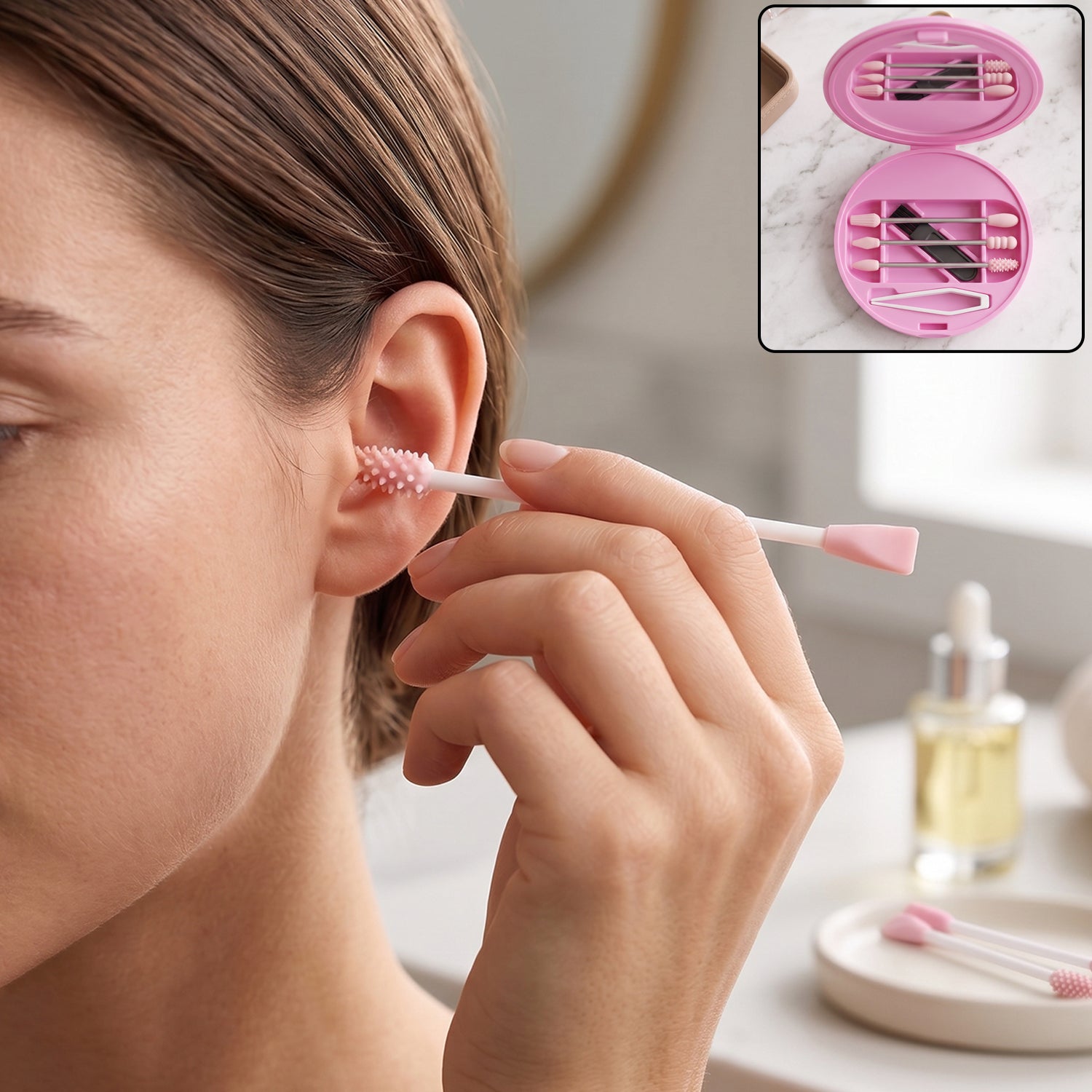Reusable Silicone Cotton Swab Set With Mirror Case Washable Ear Buds (1 Set)