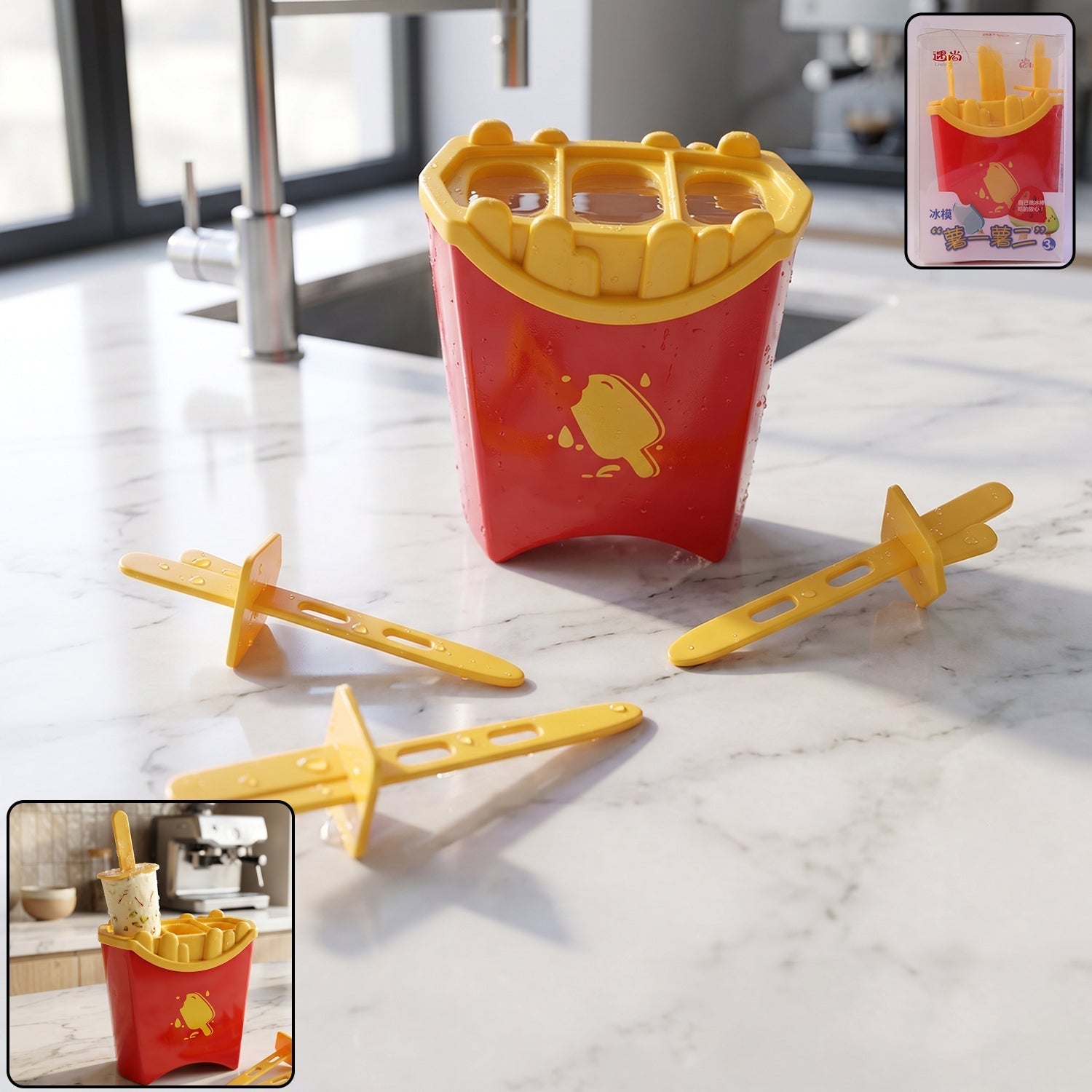 French Fries Shape Ice Popsicle Mould Set Reusable Kulfi Ice Cream Maker (3 Mold)
