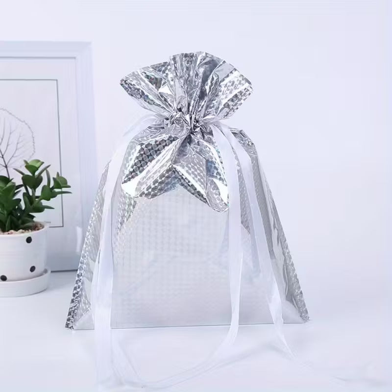 Big Size Geletin Shiny foil Paper Drawstring stylish Storage Potli pouches for Christmas Gifting, Small Jewelries, Money, Paper Notes Women Wallet, Gift Bags, return gift, Women handbag Shagun Pouch, Candy Bags. (Silver) - Image 3