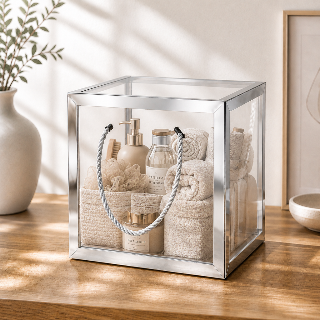 Clear Transparent Gift Box with Frame and Rope Handle for Hampers, Wedding Gifts, Return Gifts, Chocolates, Dry Fruits, Cosmetics, Baby Shower, Festive Gifting & Premium Gift Packaging (21 cm x 21 cm x 21 cm size) - Image 5
