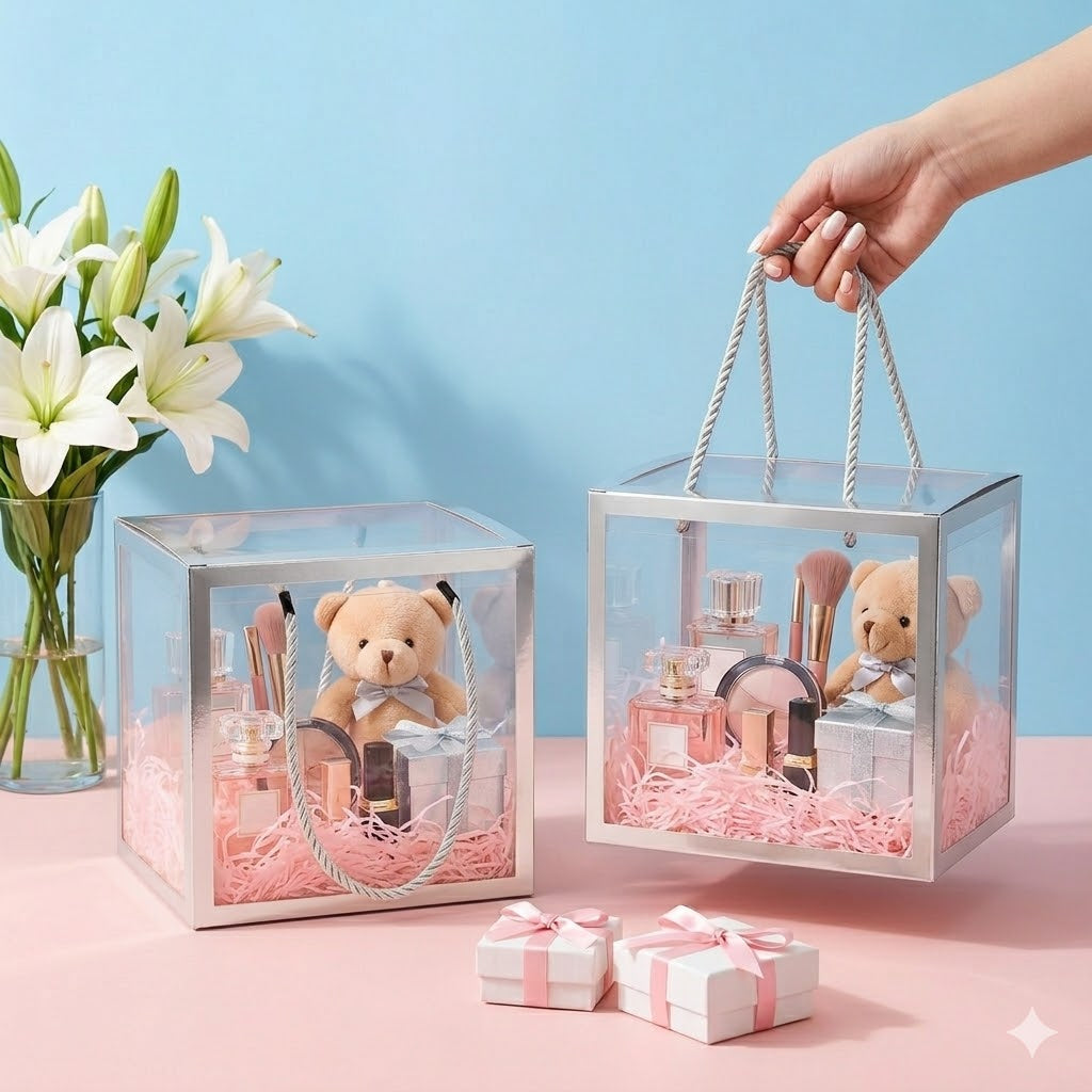 Clear Transparent Gift Box with Frame and Rope Handle for Hampers, Wedding Gifts, Return Gifts, Chocolates, Dry Fruits, Cosmetics, Baby Shower, Festive Gifting & Premium Gift Packaging (21 cm x 21 cm x 21 cm size) - Image 7