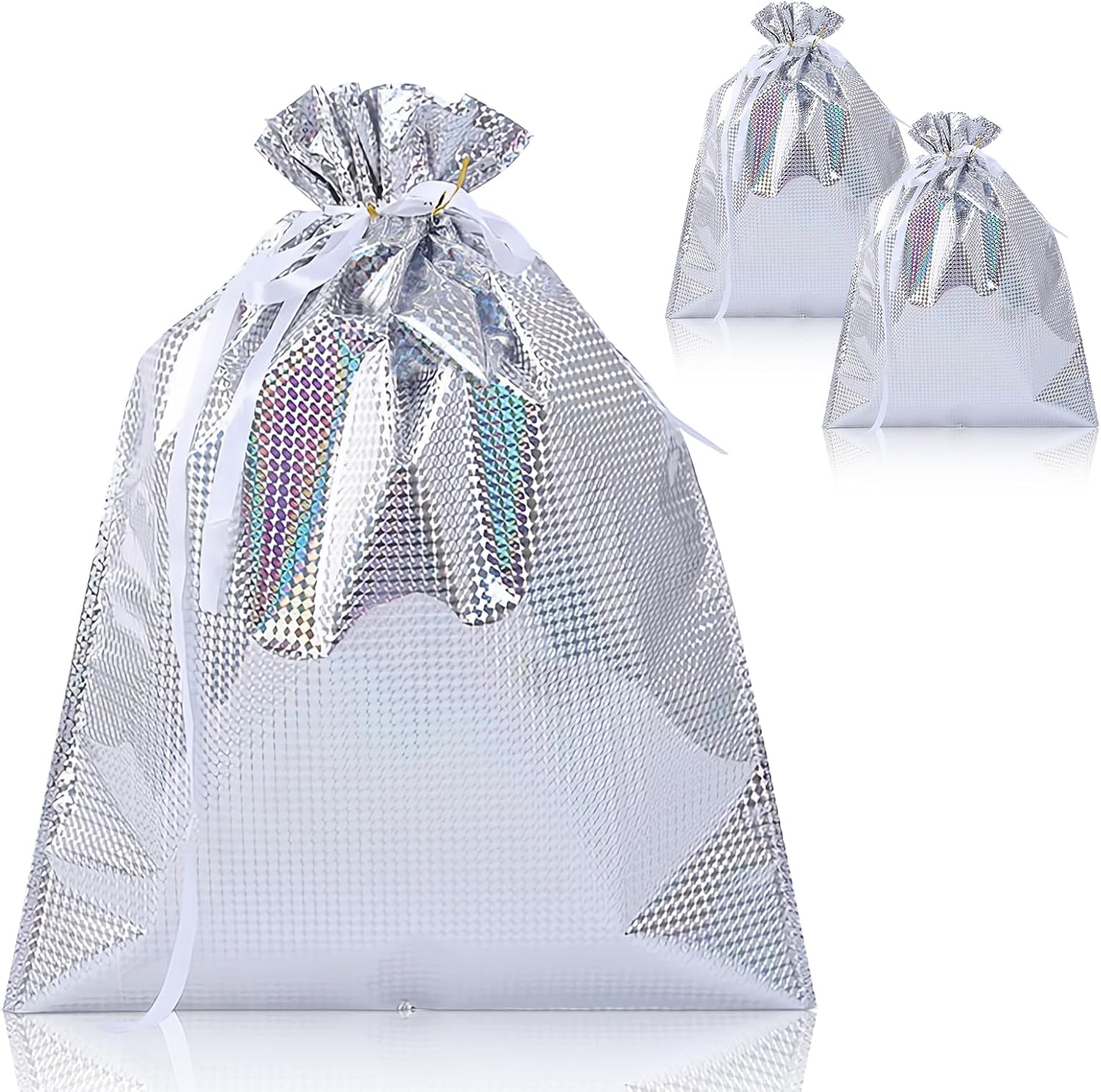 Big Size Geletin Shiny foil Paper Drawstring stylish Storage Potli pouches for Christmas Gifting, Small Jewelries, Money, Paper Notes Women Wallet, Gift Bags, return gift, Women handbag Shagun Pouch, Candy Bags. (Silver) - Image 1