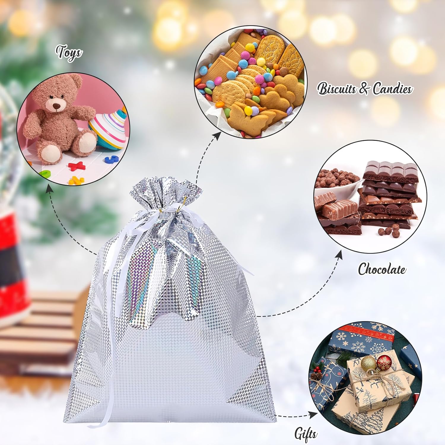 Big Size Geletin Shiny foil Paper Drawstring stylish Storage Potli pouches for Christmas Gifting, Small Jewelries, Money, Paper Notes Women Wallet, Gift Bags, return gift, Women handbag Shagun Pouch, Candy Bags. (Silver) - Image 2