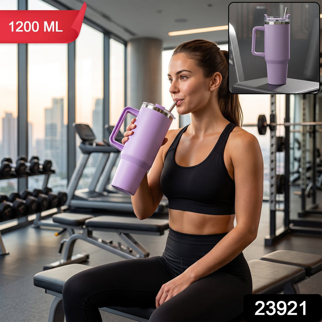 Purple stainless steel tumbler with carry handle and straw