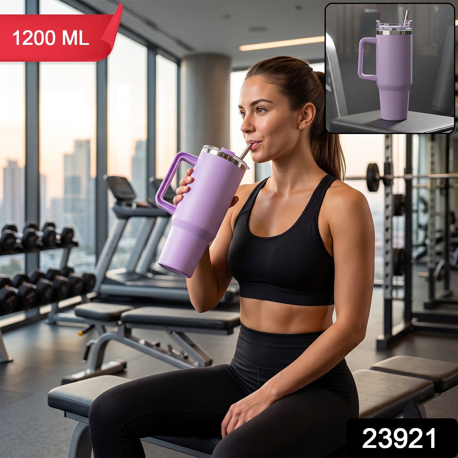 Purple stainless steel tumbler with carry handle and straw