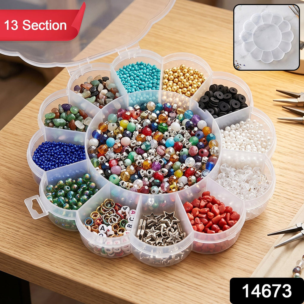 13 Section Flower Shape Transparent Plastic Organizer Storage Box (1 Pc)