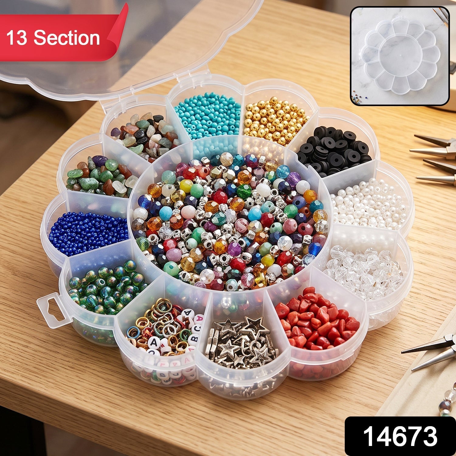 13 Section Flower Shape Transparent Plastic Organizer Storage Box (1 Pc)
