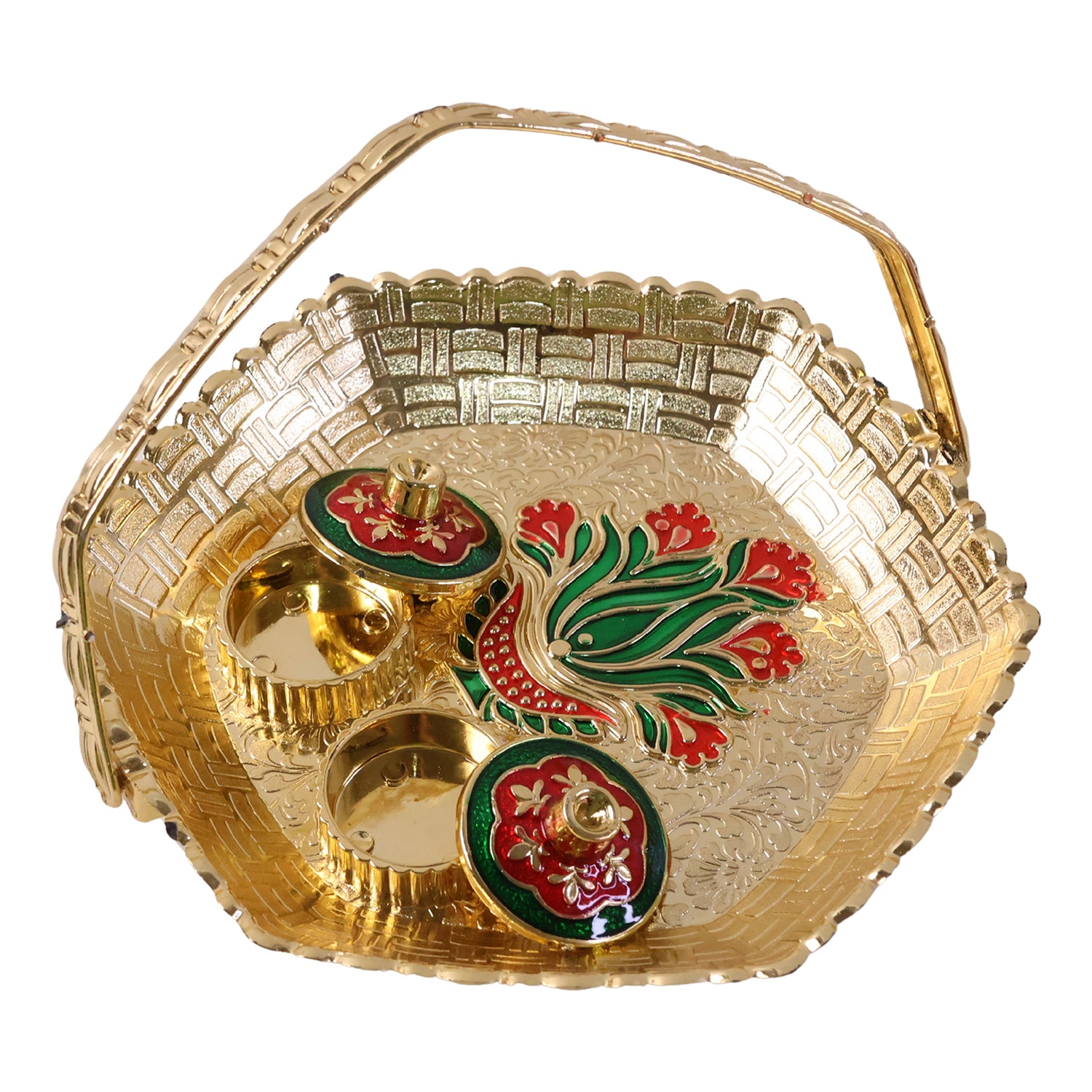 Kumkum Kankavati Basket With Handle Golden Haldi Roli Chawal Pooja Set (1 Pc)
