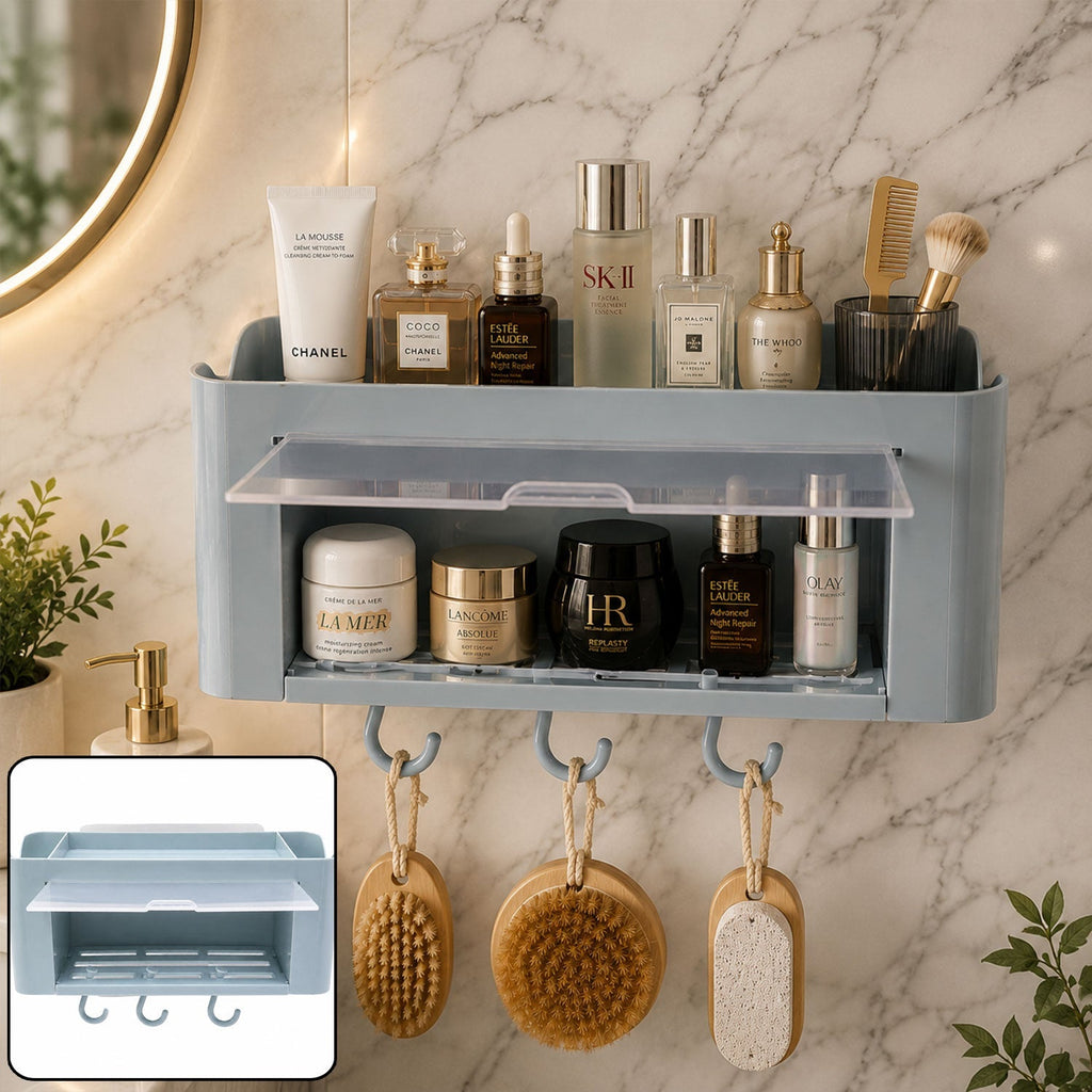 Wall Mounted Multi Storage Organizer Shelf with Hooks for Bathroom (1 Pc) - Image 1