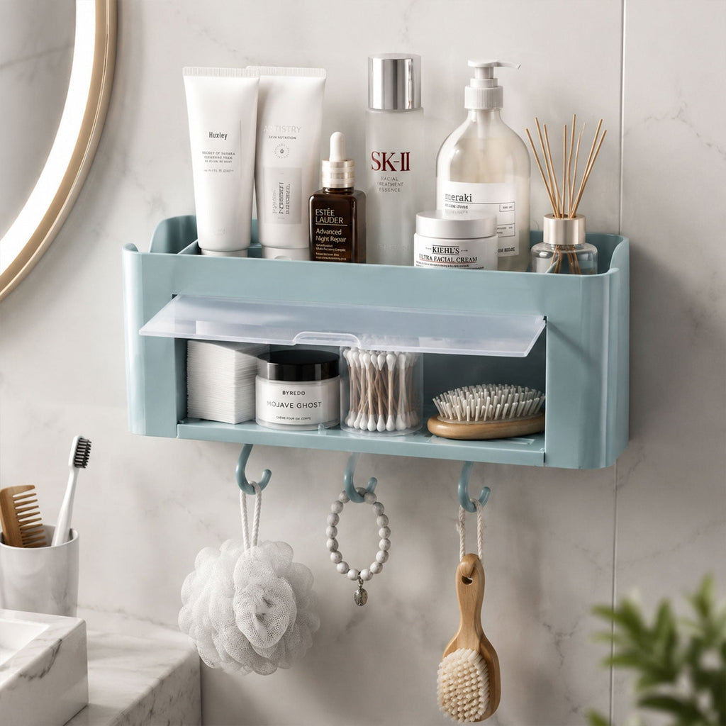 Wall Mounted Multi Storage Organizer Shelf with Hooks for Bathroom (1 Pc) - Image 3