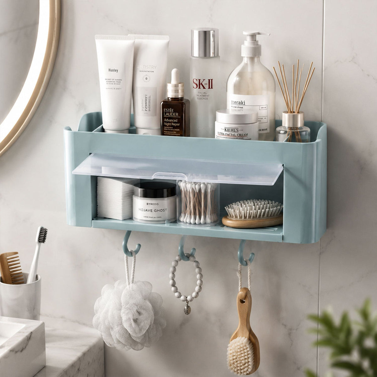 Wall Mounted Multi Storage Organizer Shelf with Hooks for Bathroom (1 Pc) - Image 3