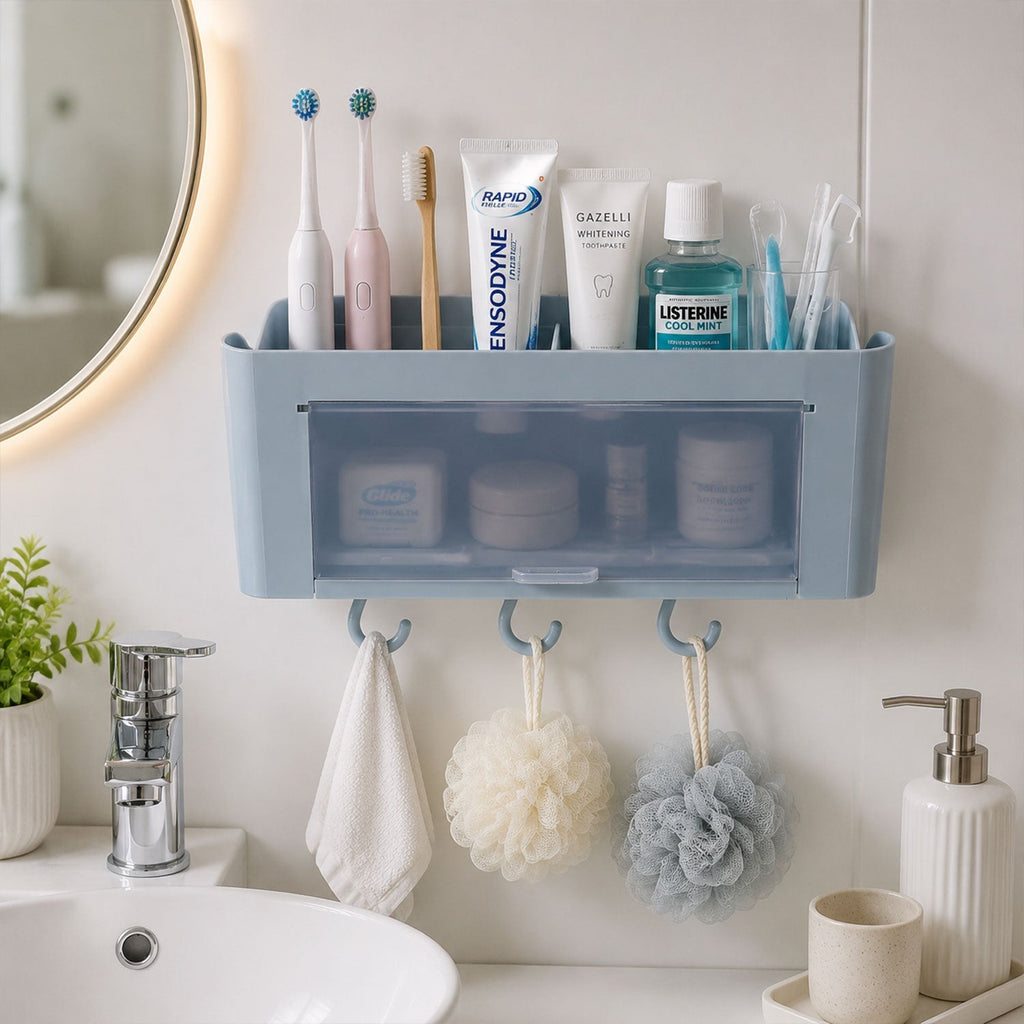 Wall Mounted Multi Storage Organizer Shelf with Hooks for Bathroom (1 Pc) - Image 4