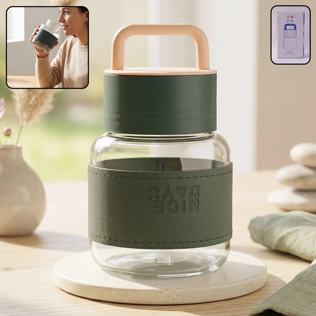 Glass Water Bottle With Handle And Leather Sleeve For Office Travel (1 Pc)