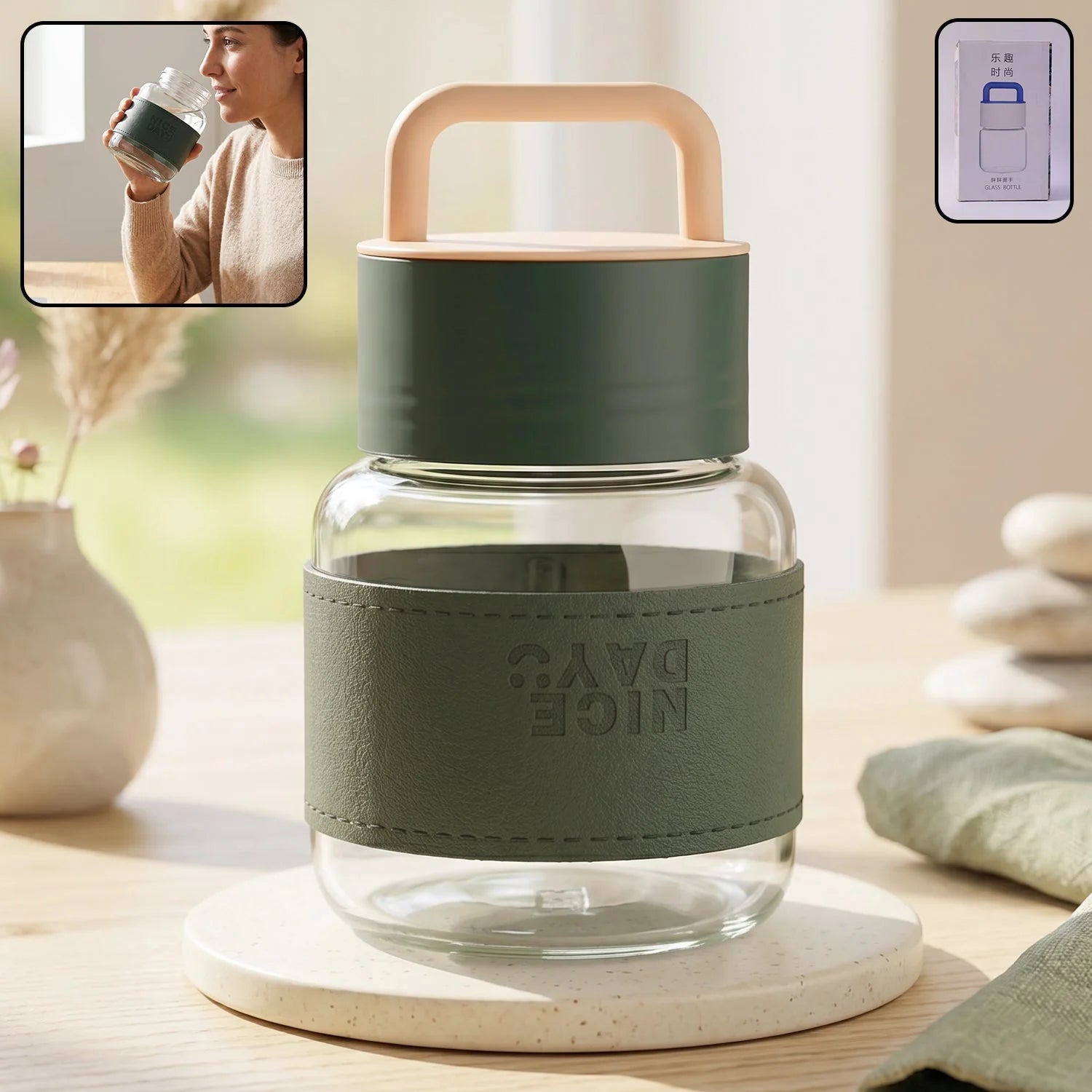 Glass Water Bottle With Handle And Leather Sleeve For Office Travel (1 Pc)