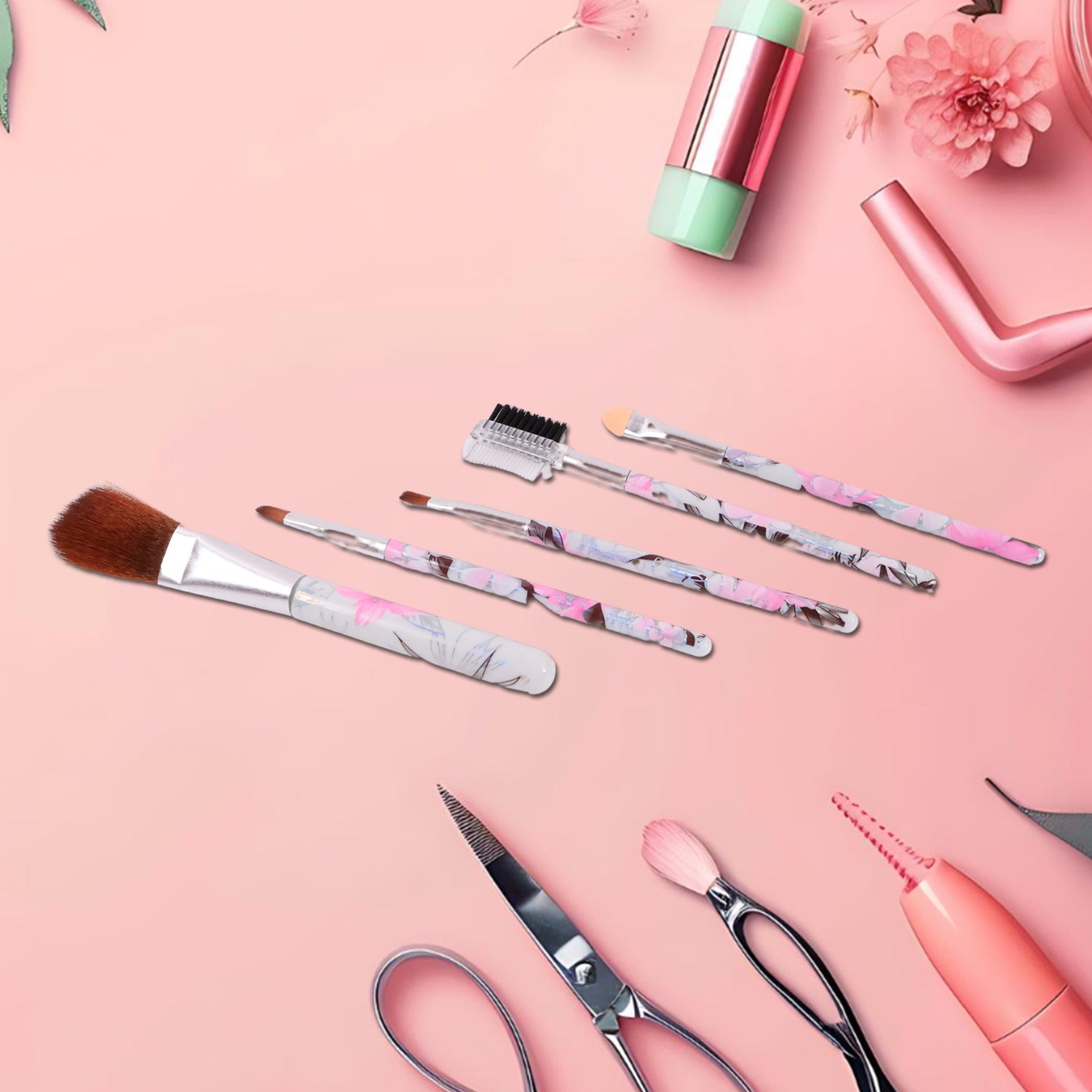 Floral Makeup Brush Set For Eyes Lips And Face (5 Pc)