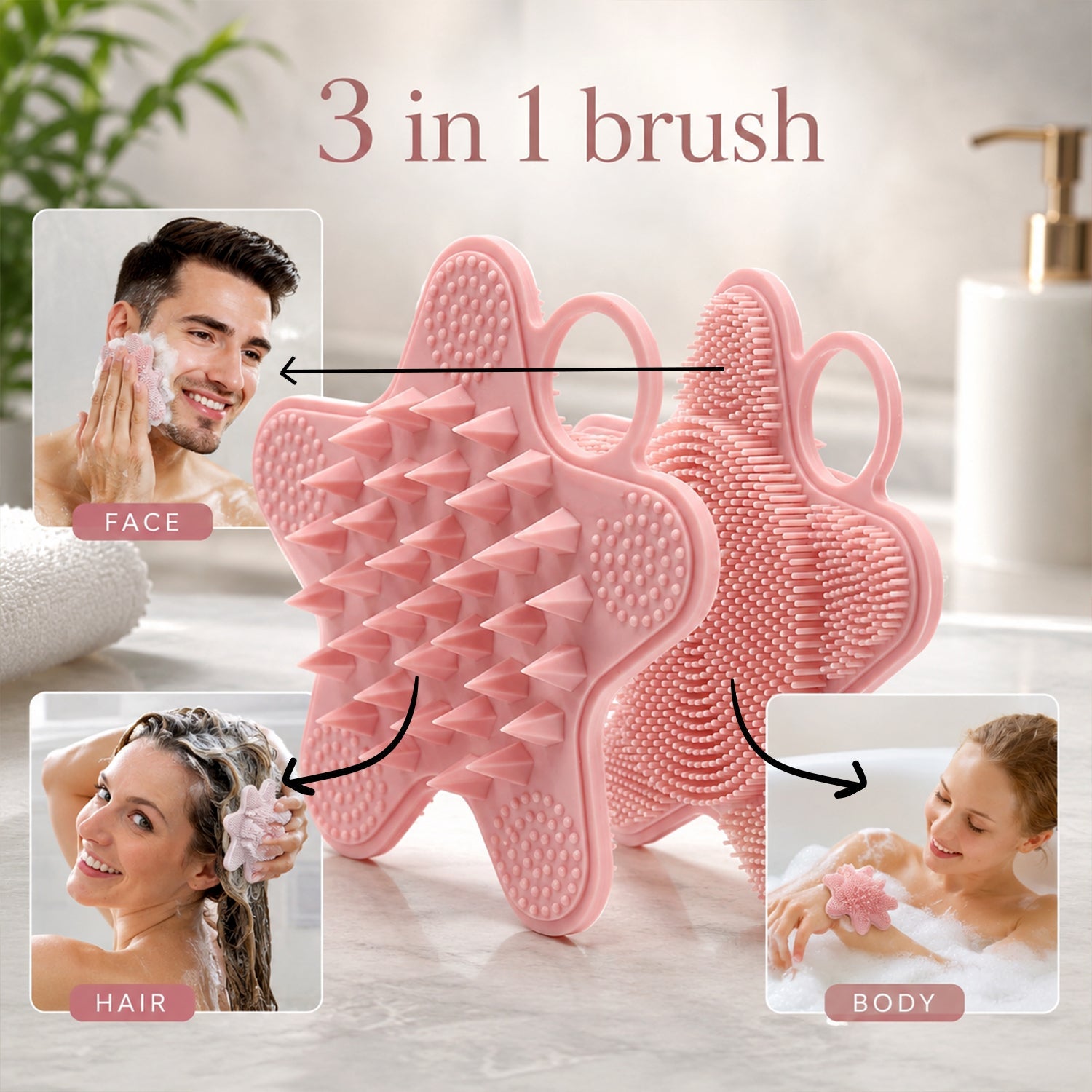 3 In 1 Silicone Shampoo Scalp Massager Brush Face Hair Body Cleanser (1 Pc)