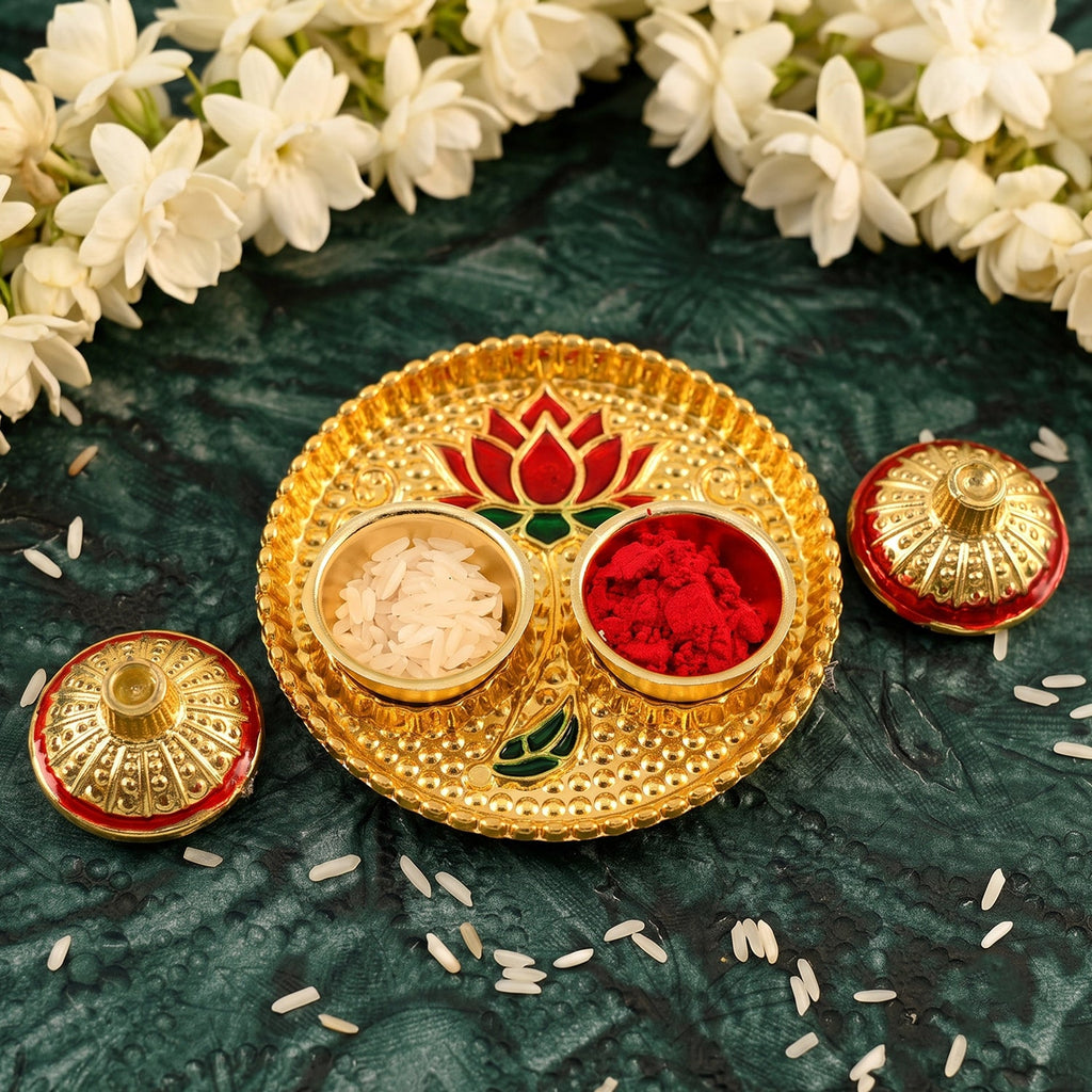 Round Kankavati Kumkum Holder Decorative Pooja Thali With Lotus Design (1 Pc)