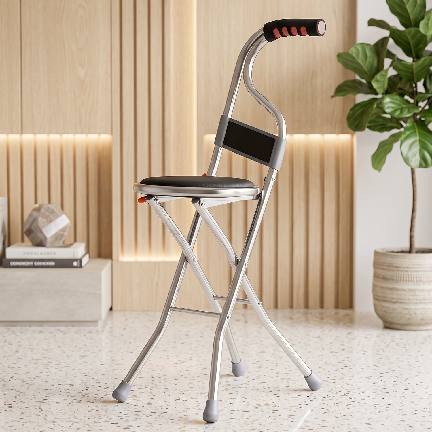 Folding Walking Stick With Seat And Backrest 4 Leg Cane Stool Chair (1 Pc)