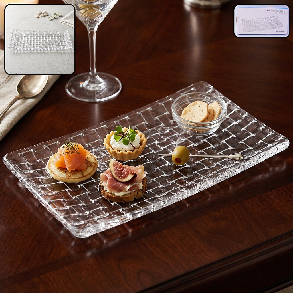 Transparent Glass Serving Tray 11 Inch Rectangular Basketweave Platter (1 Pc)