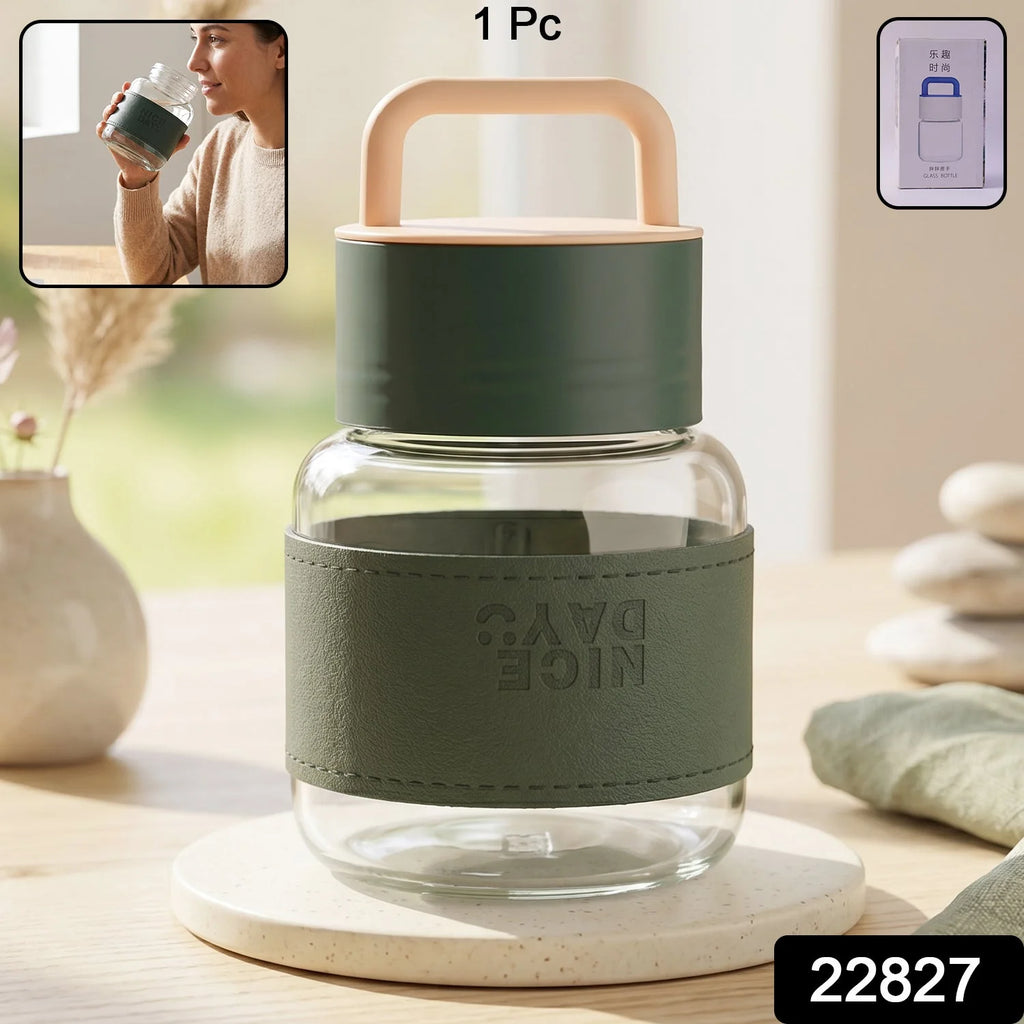 Glass Water Bottle With Handle And Leather Sleeve For Office Travel (1 Pc)