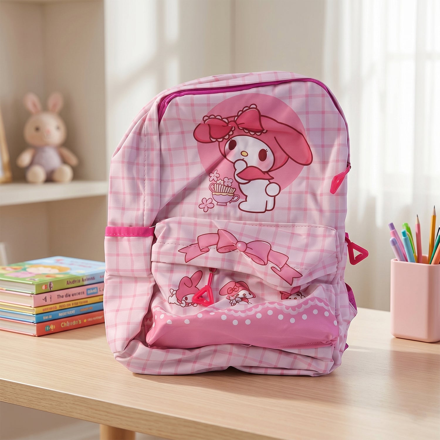 Cute Bow And Bunny Design Backpack  (1 Pc 13 Inch)