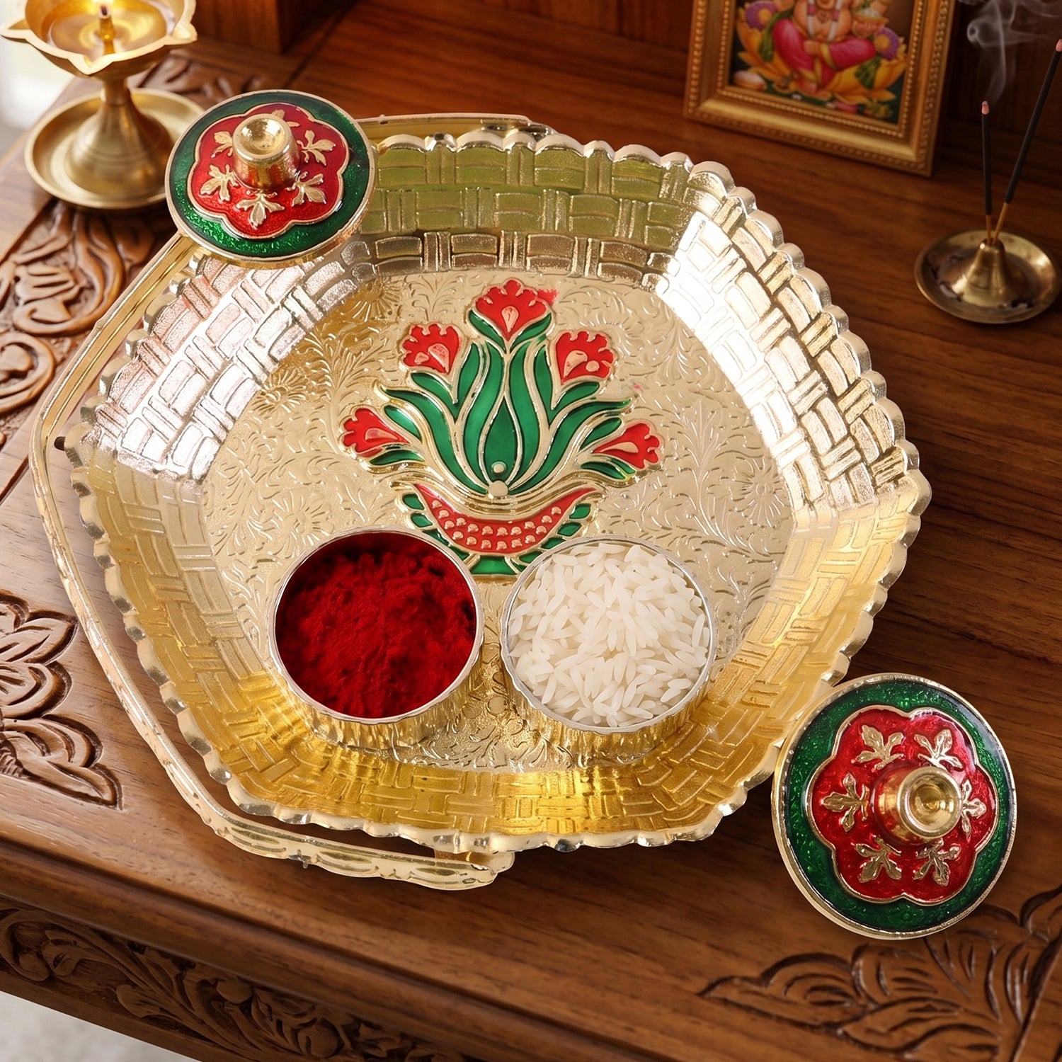 Kumkum Kankavati Basket With Handle Golden Haldi Roli Chawal Pooja Set (1 Pc)