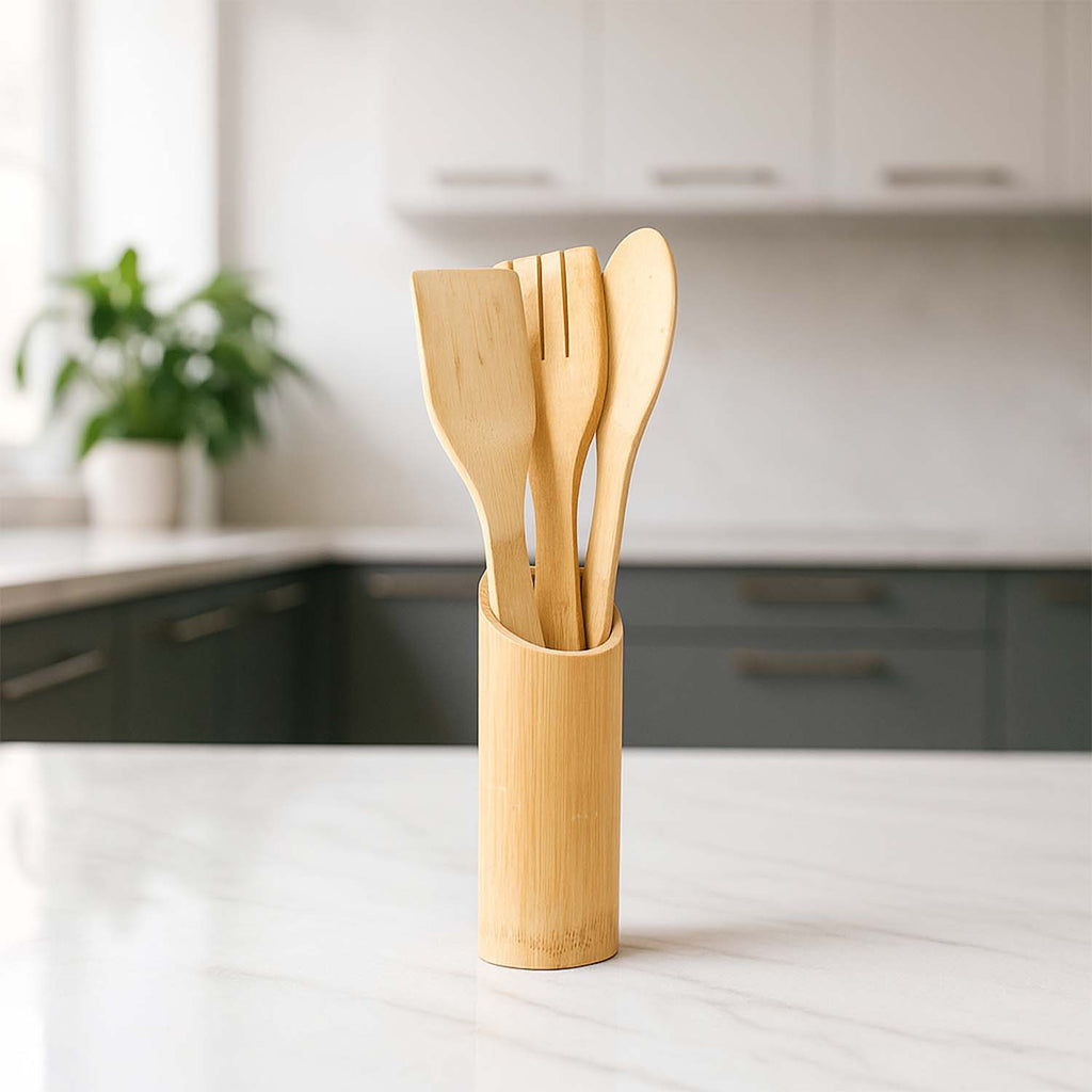 Eco-friendly Bamboo Spatula Set With Holder (4 Pc)